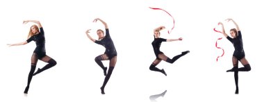 Beyaz arka planda dans eden genç bir kadın