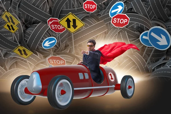 Superbohater biznesmen jazdy rocznika roadster — Zdjęcie stockowe