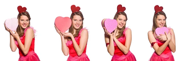 Girl in pretty pink dress with gift box isolated on white — Stock Photo, Image