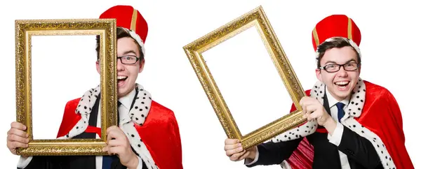 Homme avec cadre photo isolé sur le blanc — Photo