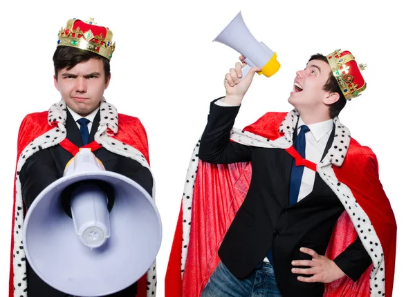 Uomo con corona e megafono isolato su bianco — Foto Stock