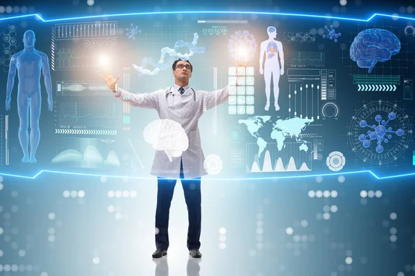 Medico in concetto medico futuristico premendo il pulsante — Foto Stock
