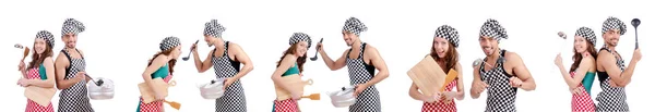 Para zabawnych kucharzy na białym — Zdjęcie stockowe