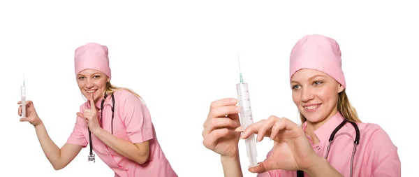 Woman doctor with syringe on white — Stock Photo, Image