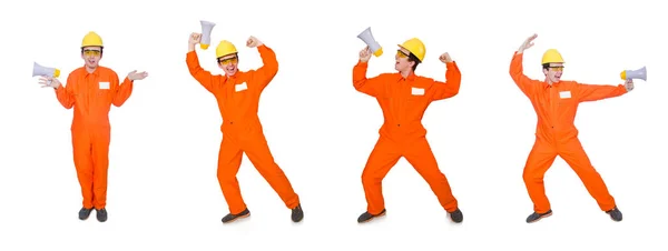 Builder with loudspeaker isolated on white — Stock Photo, Image