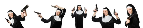 Nun with handgun isolated on white — Stock Photo, Image