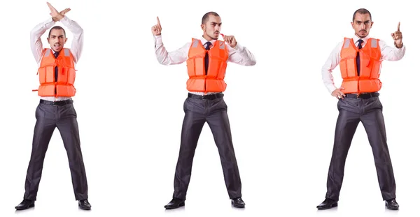 Businessman with rescue safety vest on white — Stock Photo, Image