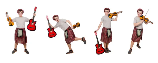 Funny scotsman with musical instrument isolated on white — Stock Photo, Image