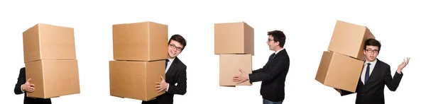 Funny man with boxes isolated on white — Stock Photo, Image