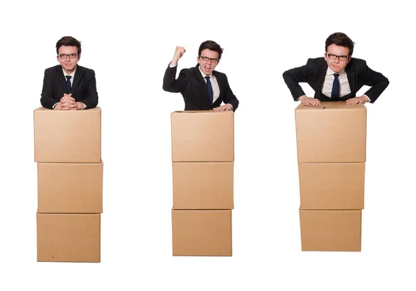 Hombre divertido con cajas aisladas en blanco —  Fotos de Stock