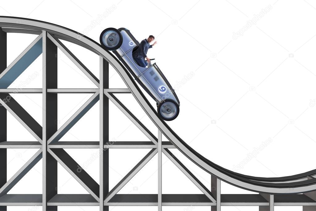 Businessman driving sports car on roller coaster