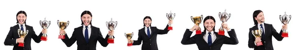 Podnikatel oceněn prize cup izolované na bílém — Stock fotografie