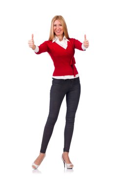 Beyaz arka planda izole edilmiş güzel bir kadın modeli.