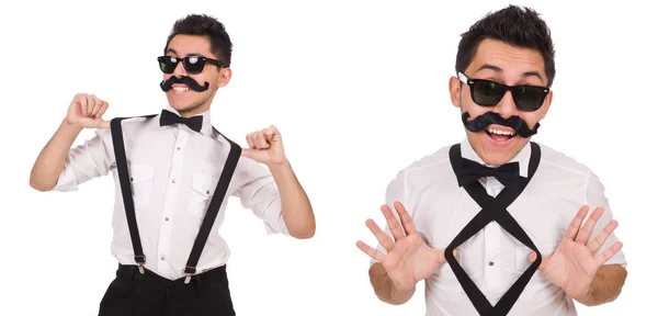 Joven con bigote aislado en blanco —  Fotos de Stock