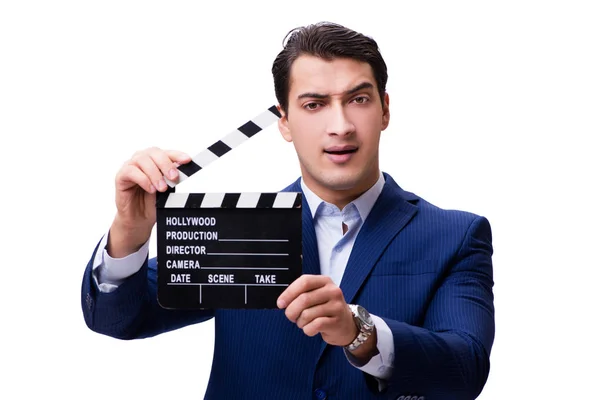 Hombre guapo con aplauso de película aislado en blanco —  Fotos de Stock