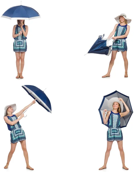 Colagem de mulher com guarda-chuva isolado em branco — Fotografia de Stock