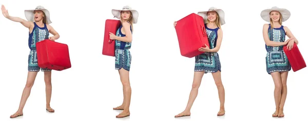 Collage de mujer que se prepara para las vacaciones de verano aislado en blanco —  Fotos de Stock