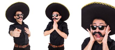 Meksika şapkası takan komik bir adam beyaz şapkalı.