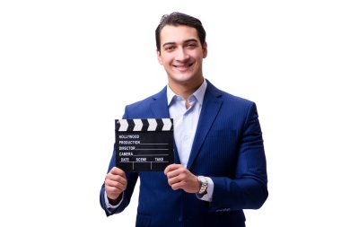 Beyaz izole film tokmağı ile yakışıklı adam