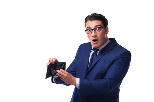 Bankrupt broke businessman with empty wallet on white background — Stock Photo, Image