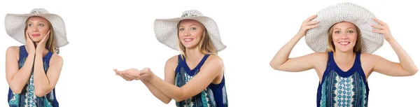 Colagem de mulher com chapéu de panamá isolado em branco — Fotografia de Stock
