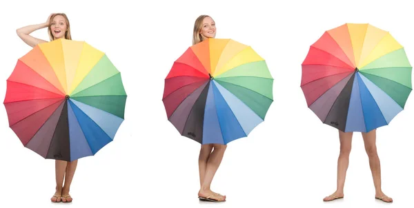 Jeune femme avec parapluie isolé sur blanc — Photo