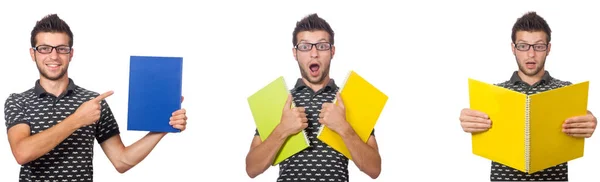 Young student with book and backpack on white Stock Image