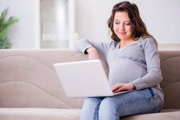 Donna incinta che lavora su laptop seduta sul divano — Foto Stock