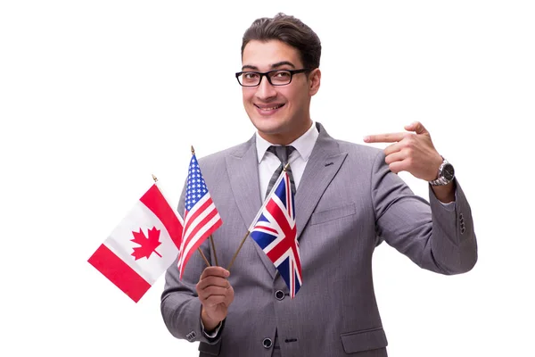 Joven hombre de negocios con bandera aislada en blanco —  Fotos de Stock