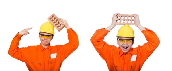 Hombre con ladrillo aislado en blanco — Foto de Stock