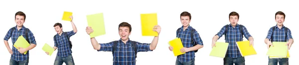 Jovem estudante com livro sobre branco — Fotografia de Stock