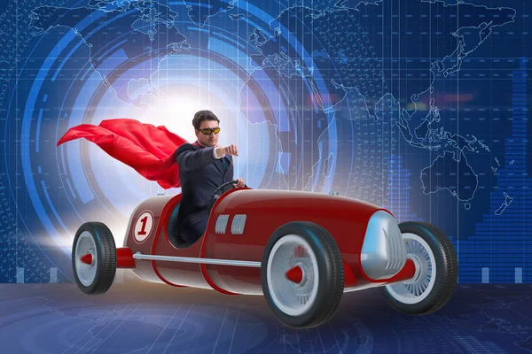 Superheld zakenman rijden vintage roadster — Stockfoto