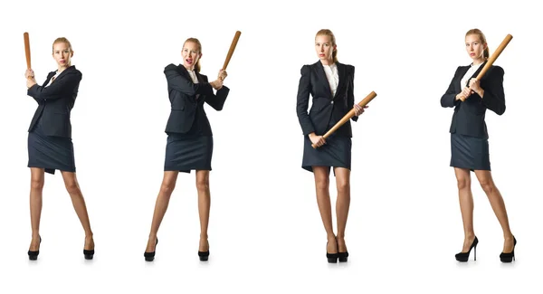 Businesswoman with baseball bat on white — Stockfoto