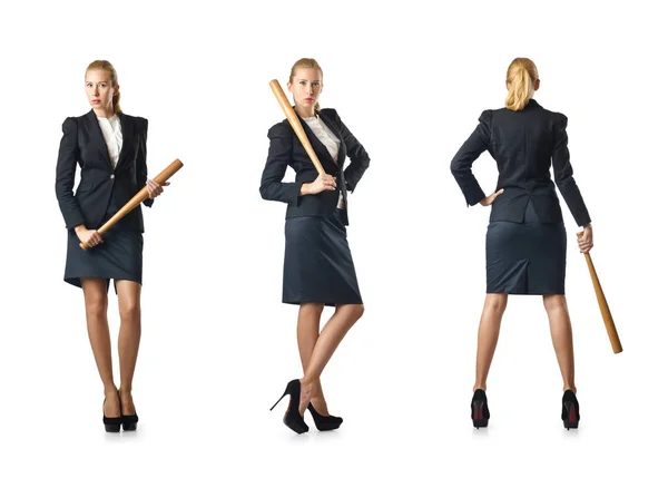 Businesswoman with baseball bat on white — ストック写真