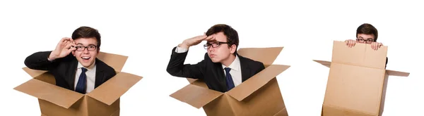 Hombre divertido con cajas aisladas en blanco — Foto de Stock