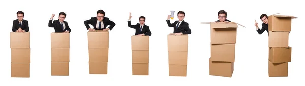 Funny man with boxes isolated on white — Stock Photo, Image