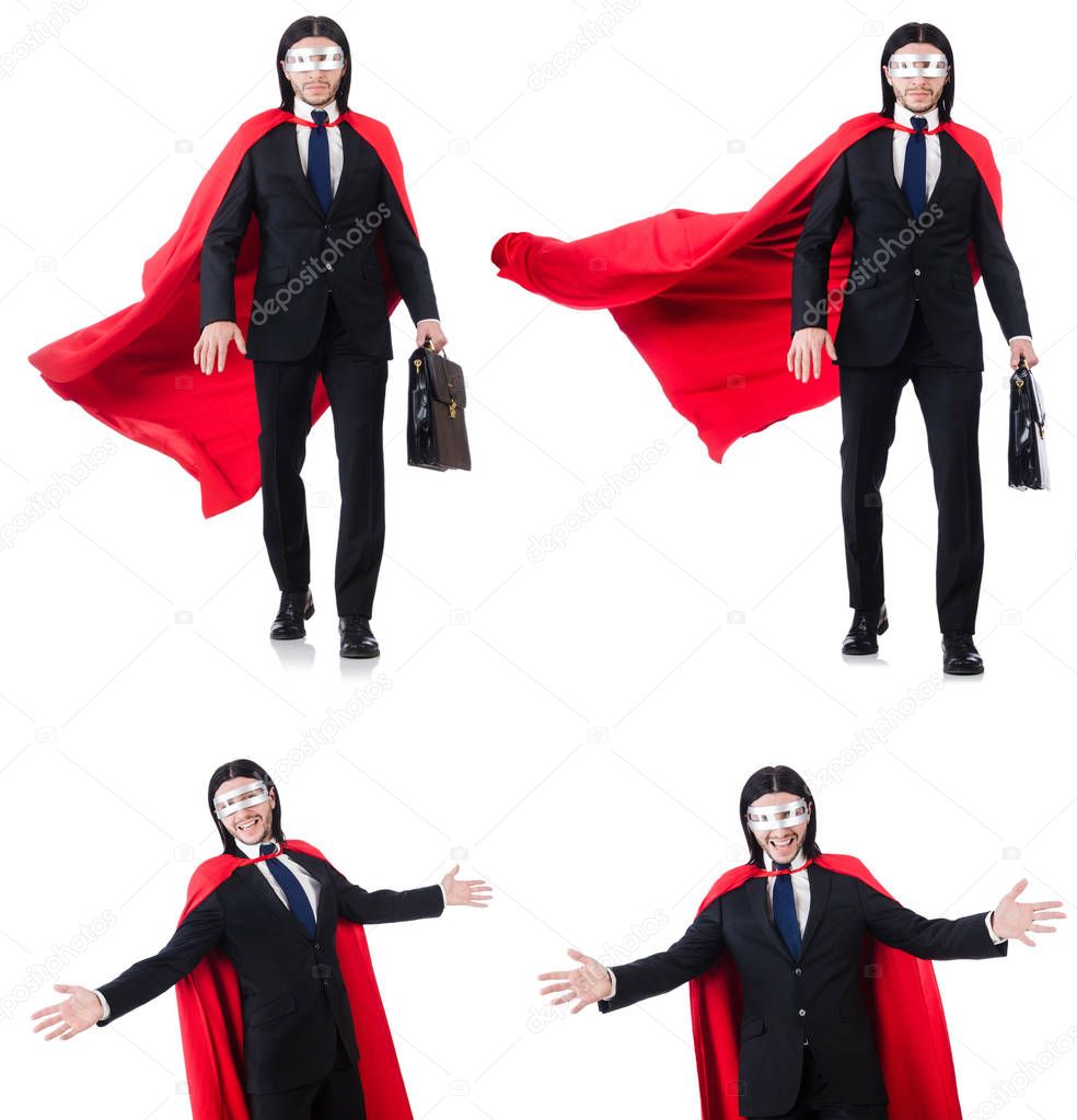 Man in red cover isolated on white