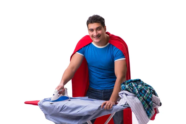 Super held man man strijken geïsoleerd op wit — Stockfoto