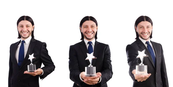 Empresario con premio estrella aislado en blanco — Foto de Stock