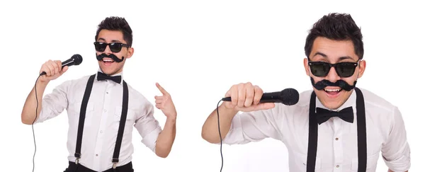 Hombre divertido con micrófono aislado en blanco — Foto de Stock