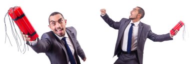 Dinamiti olan bir iş adamı beyazda izole edilmiş.