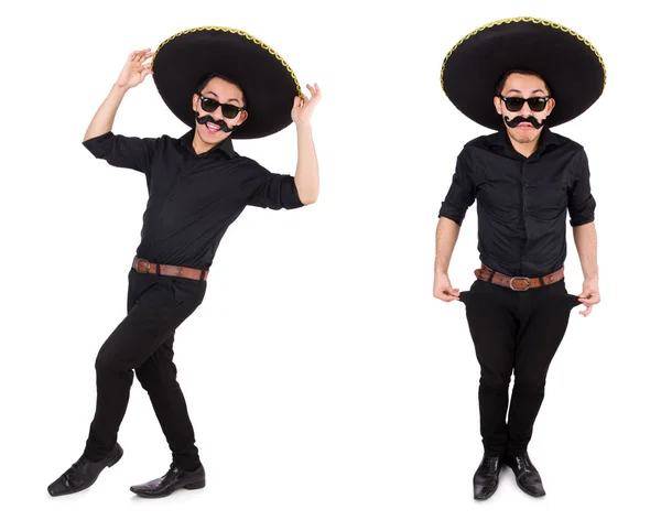 Hombre divertido con sombrero mexicano sombrero aislado en blanco —  Fotos de Stock