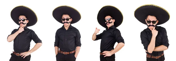 Hombre divertido con sombrero mexicano sombrero aislado en blanco — Foto de Stock