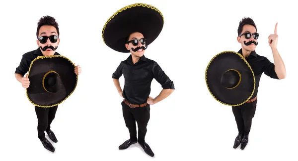 Uomo divertente che indossa cappello sombrero messicano isolato su bianco — Foto Stock