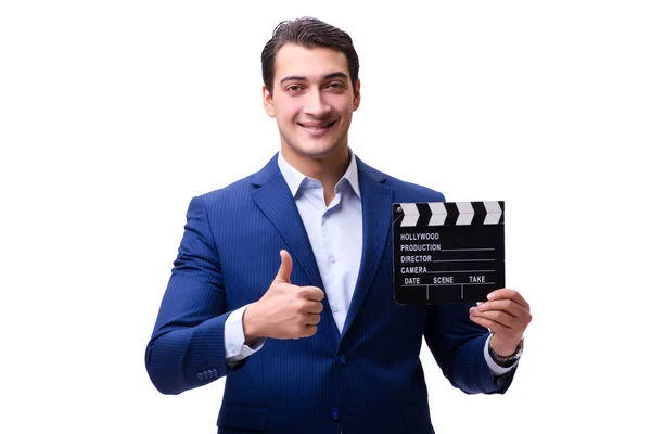 Schöner Mann mit Filmklöppel isoliert auf weiß — Stockfoto