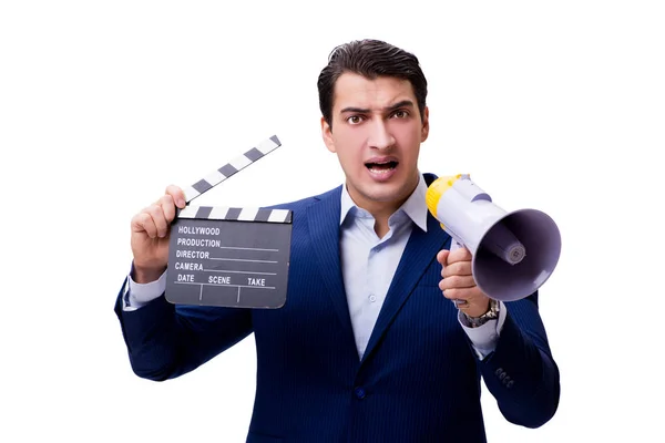 Handsome man with movie clapper isolated on white — Stock Photo, Image