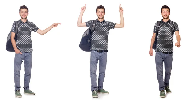 Collage de estudiante con mochila en blanco — Foto de Stock