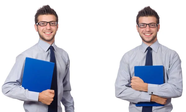 Geschäftsmann mit blauem Notizblock isoliert auf weiß — Stockfoto