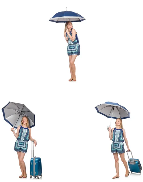 Kollázs a nő esernyő és bőrönd — Stock Fotó