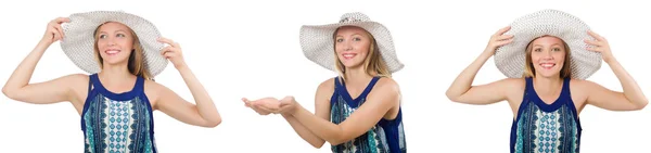 拼贴的巴拿马帽子上白色孤立的女人 — 图库照片